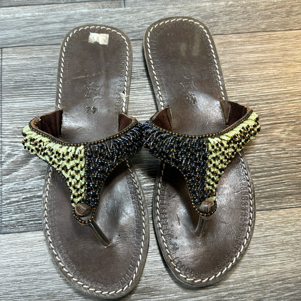 Vera Pelle Size 44 Italian Leather Beaded Sandals (d69)